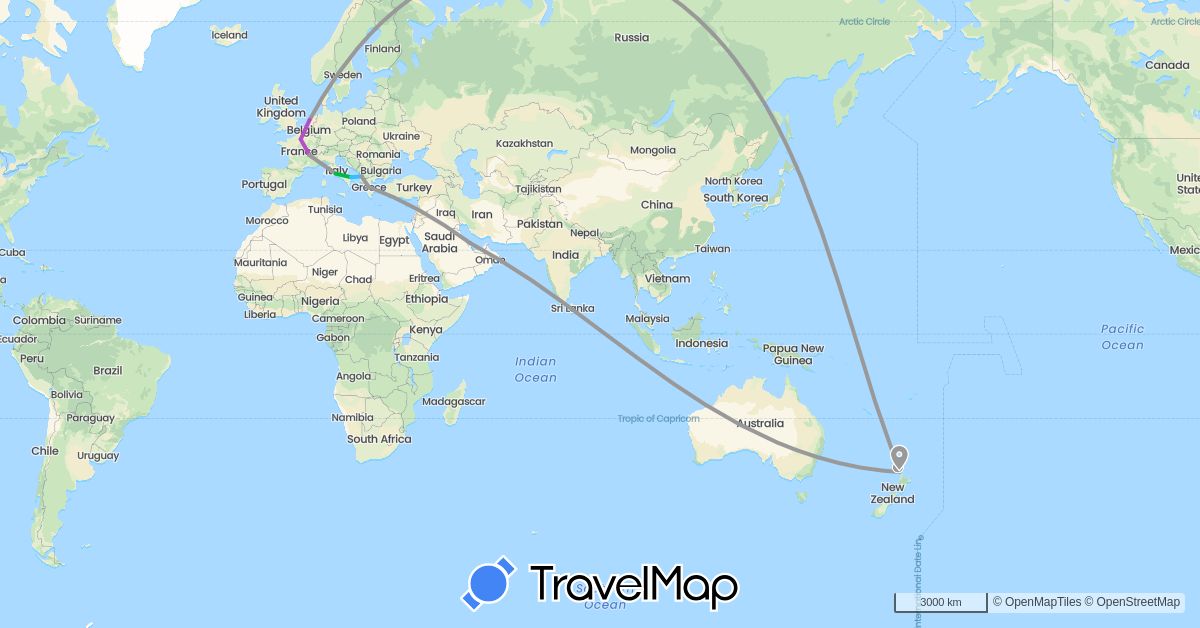 TravelMap itinerary: driving, bus, plane, train, boat in Albania, France, Greece, Italy, Netherlands, New Zealand, Qatar, Vatican City (Asia, Europe, Oceania)
